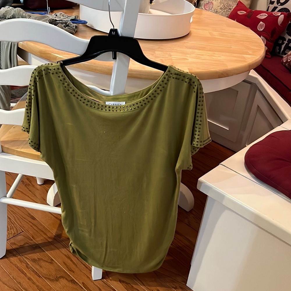 Olive green shirt with studs around neckline and sleeves